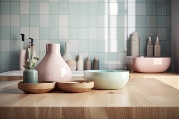 Fototapeta na wymiar Modern minimalist vases on a wooden table top or shelf resting above a pastel hued bathroom with a bathtub, mosaic tiles, a sink, and other furnishings. Generative AI