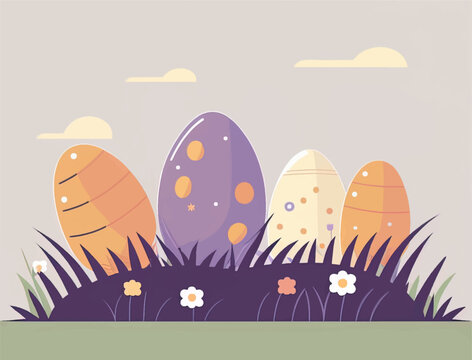 Abstract easter eggs in a field with flowers and grass. Flat style