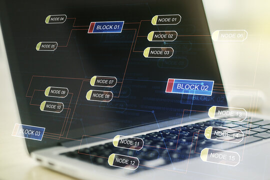 Double exposure of abstract creative programming illustration on computer background, big data and blockchain concept