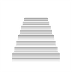 White staircase realistic illustration, isolated on white background. Front view of white staircase. Steps up. A symbol of the Achievements. Blank mockup for platform or podium.