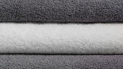 Fototapeta na wymiar Gray and white folded towels stack closeup picture, hotel service concept background