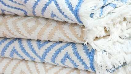 Colorful folded towels stack closeup picture, hotel service concept background