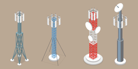 3D Isometric Flat Vector Set of Telecom Towers, Communicating Radio Constructions