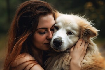 Woman embracing her adorable dog. Outdoors background. Generative AI