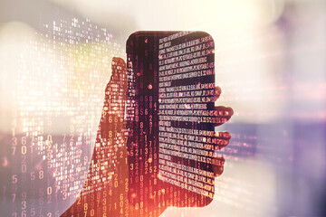 Creative code skull hologram and hand with mobile phone on background, cybercrime and hacking concept. Multiexposure