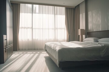 Background of luxury hotel resort bedroom in abstract haze. Generative AI