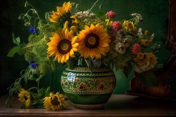sunflowers in green vase