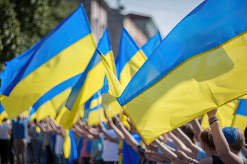 Ukrainian unity. People hold the national flag in their hands. Ukrainian people. Generative AI