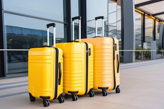 Close up travel luggage on blurred railway or airport background. Three big yellow suitcase with wheels. Generative AI