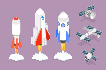 3D Isometric Flat Vector Set of Spacecraft Shuttles and Satellites, Exploration of Cosmos
