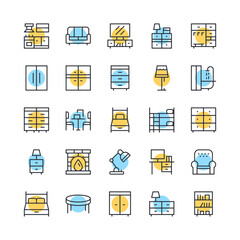 Furniture line icons. Set of home furniture icons. Black, blue and yellow colors. Modern outline graphic design. Vector line icons set
