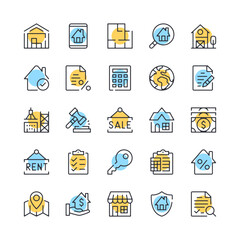 Real estate line icons. Set of real estate icons. Black, blue and yellow colors. Modern outline graphic design. Vector line icons set