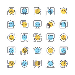 Customer service line icons. Set of customer support icons. Black, blue and yellow colors. Modern outline graphic design. Vector line icons set