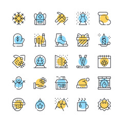Winter line icons. Set of winter icons. Black, blue and yellow colors. Modern outline graphic design. Vector line icons set