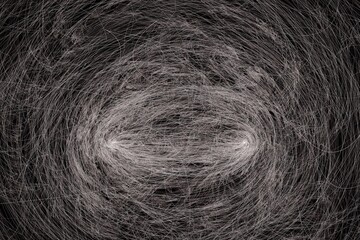 Gray pattern of curved tangled lines on a black background. Abstract fractal 3D rendering