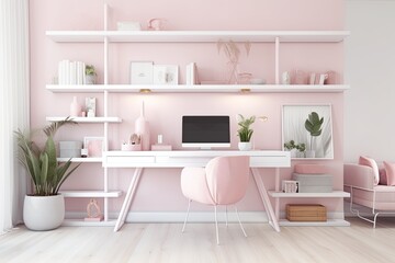 Female home office with pink and white décor, a mock up of a PC desktop screen on a wood table, a chic pink sofa, and shelves for decor on a white wall. Generative AI