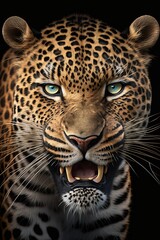 Naklejka premium Leopard face with mouth slightly open. Generative AI.