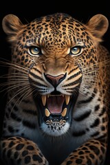 Fototapeta na wymiar Leopard face with mouth slightly open. Generative AI.