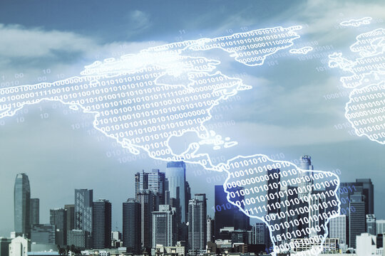 Virtual digital map of North America on Los Angeles skyline background, international trading concept. Multiexposure
