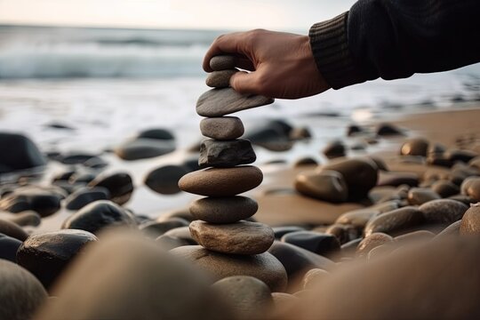 Young man's hand balancing stacking stones on a beach. Generative AI.