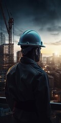 A working man from back with an helmet in front of a city full of buildings in construction. Generative AI.