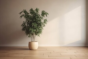 empty room with a wooden floor and a plant in a pot. Generative AI