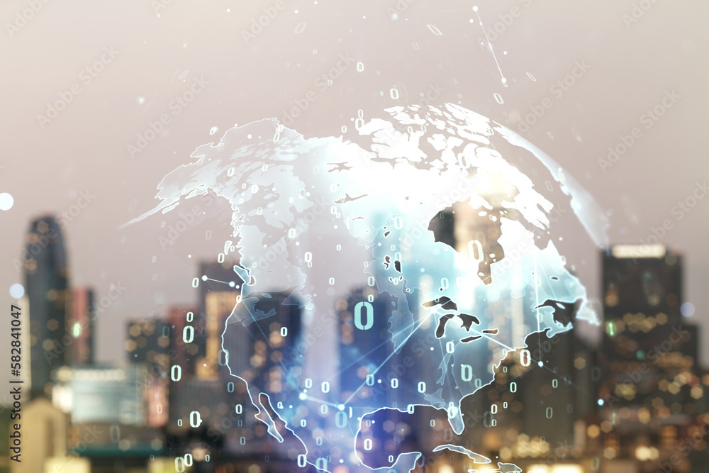 Poster multi exposure of abstract programming language hologram and world map on blurry office buildings ba