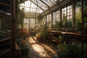 A beautiful and versatile greenhouse full of plants. Generative AI.