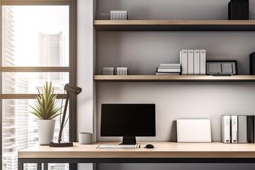 a close up picture Working area in a contemporary, luxurious home with a portable laptop computer, a mock up white screen, and décor near contemporary built in shelving by the window. Generative AI