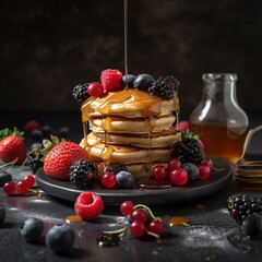 Stack of fluffy pancakes, topped with fresh berries and drizzled with maple syrup. Generative AI.