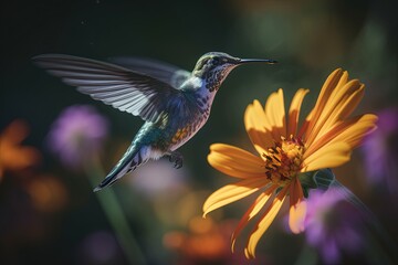 Humming bird hovering over a colorful, pollen filled flower. Generative AI.