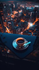 A hot coffee beverage at the top of a skyscraper. Generative AI.