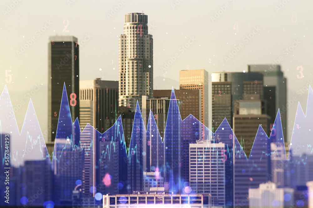 Aufkleber multi exposure of abstract statistics data hologram interface on los angeles office buildings backgr
