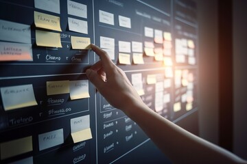 Agile software development or project management using kanban or scrum methodology boards. Process, workflow, visual organisation tools. Finger touching virtual interface. Generative AI.