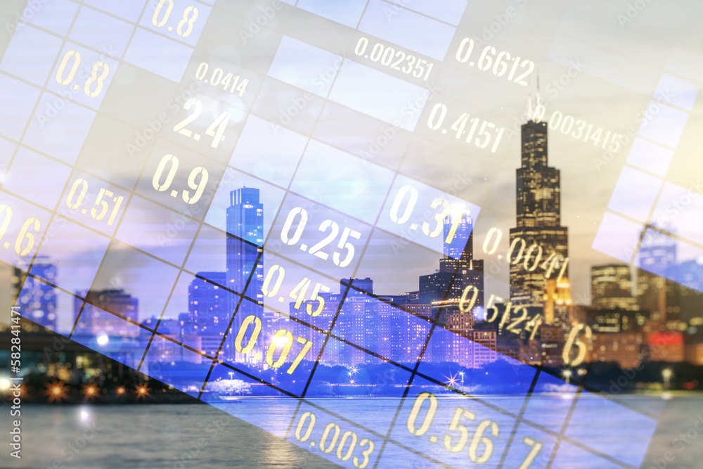 Poster multi exposure of abstract statistics data hologram interface on chicago office buildings background
