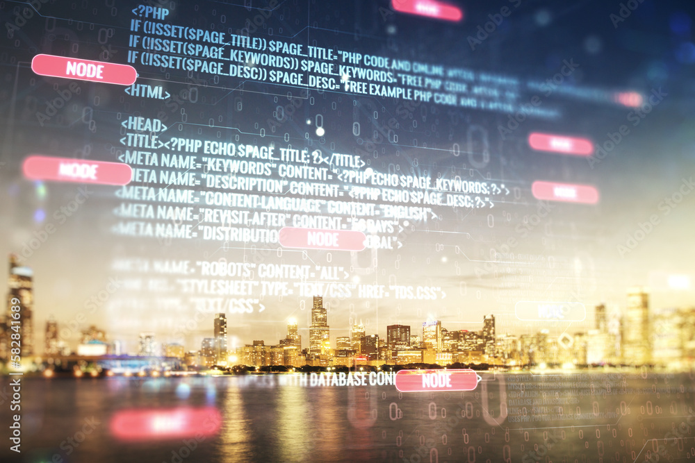 Poster double exposure of abstract programming language interface on chicago city skyscrapers background, r