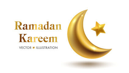 Obraz na płótnie Canvas Vector banner for Ramadan Kareem holiday with golden moon in realistic 3D style. Celebrate Ramadhan Holy month in Islam.