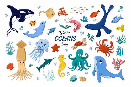 Cartoon sea animal Set. Vector illustration Oceans animals undersea world Oceans Day doodle elements