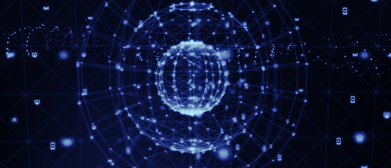 Global social network. Future. Blue futuristic background with planet Earth. 3d illustration.