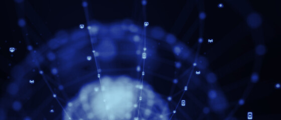 Global social network. Future. Blue futuristic background with planet Earth. 3d illustration.