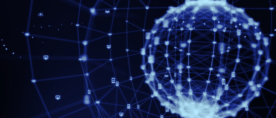 Global social network. Future. Blue futuristic background with planet Earth. 3d illustration.