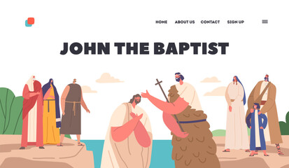 Biblical Landing Page Template with John The Baptist Baptizing Jesus In River With People Watch Vector Illustration