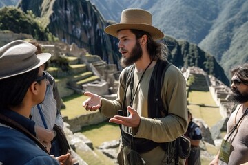 Young tour guide talking with tourist in Machu Picchu. Focus on foreground. Generative AI - obrazy, fototapety, plakaty