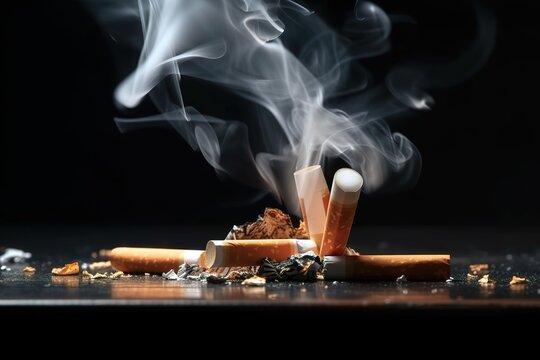 Tobacco cigarettes drops over black background. Generative AI