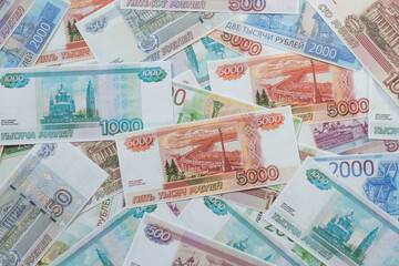 Russian money of different denominations. Background of money.