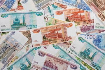 Russian money of different denominations. Background of money.