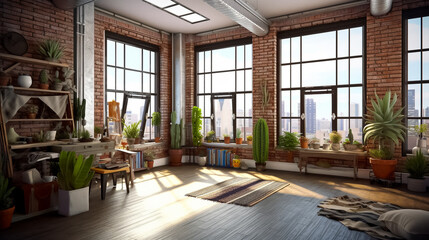A downtown sunlit, open-concept living area with large windows, featuring cozy furniture made from sustainable materials, handwoven wool blankets, cotton cushions and complemented by plants.