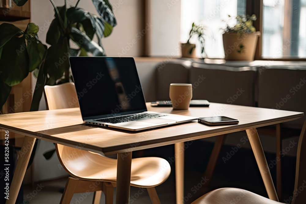 Wall mural laptop in blurry background with a wooden table empty. Generative AI