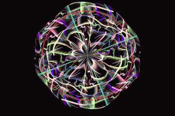 Multicolored floral pattern of curved waves and lines on a black background. Abstract fractal 3D rendering