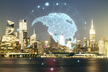 Digital map of North America hologram on New York cityscape background, global technology concept....